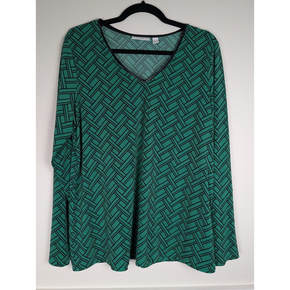Susan Graver Top Large Green Liquid Knit Geometric Faux Leather Trim Long Sleeve